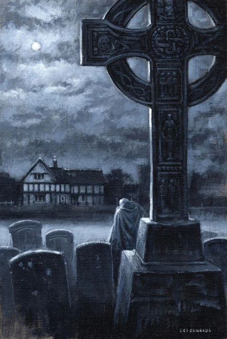 View of a house from a churchyard