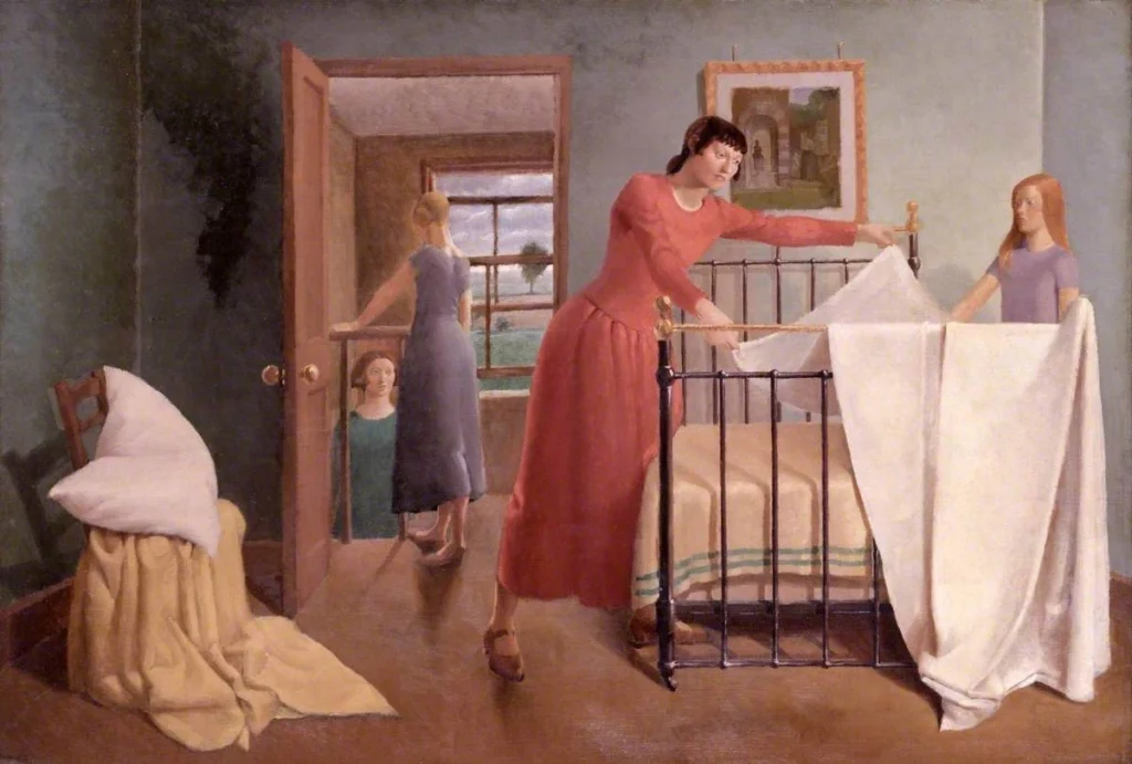 Woman and girl making a bed